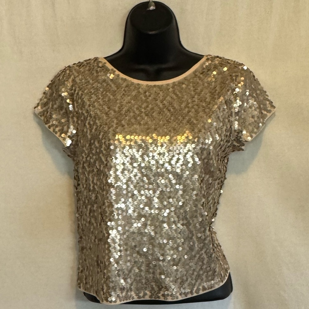 A-197 Express Gold Sequin Short Sleeve Cropped Blouse Size XS